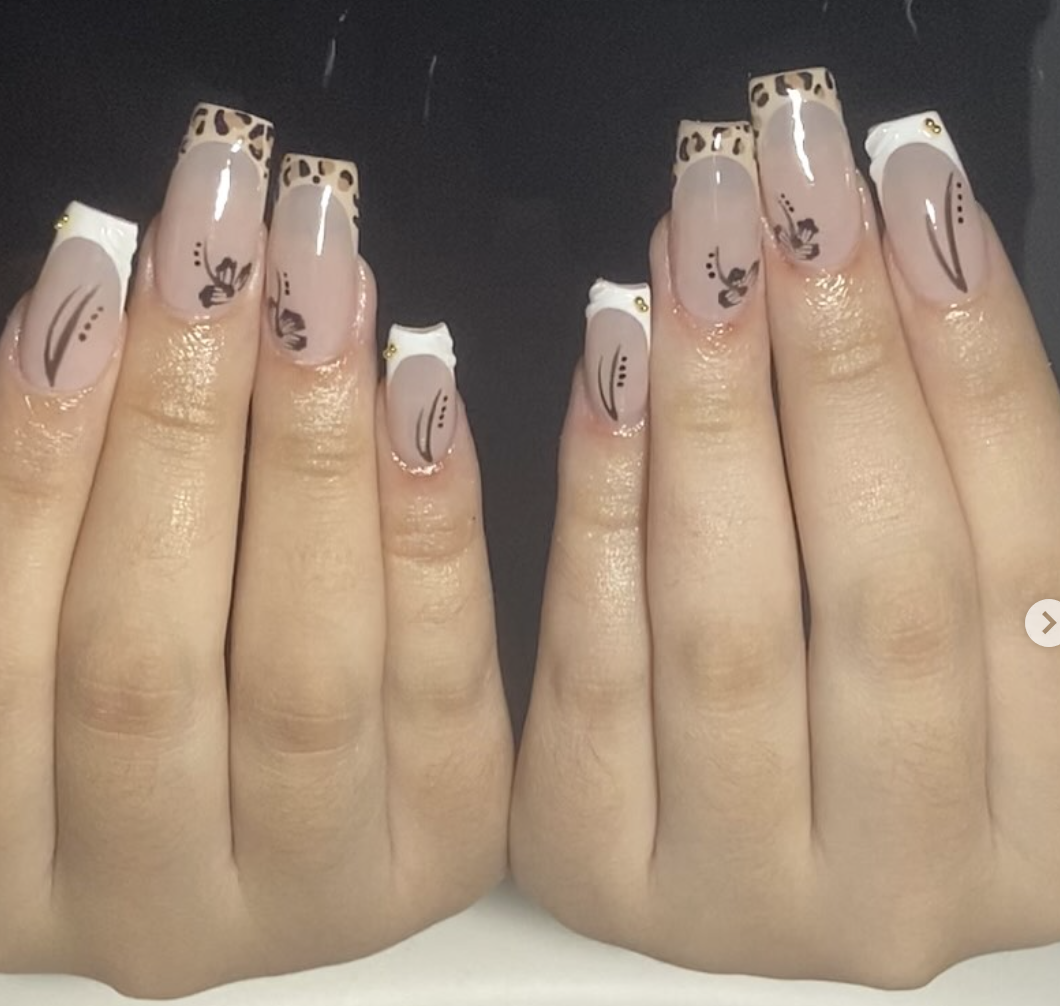 Long square French set with leopard tips and hand-painted florals