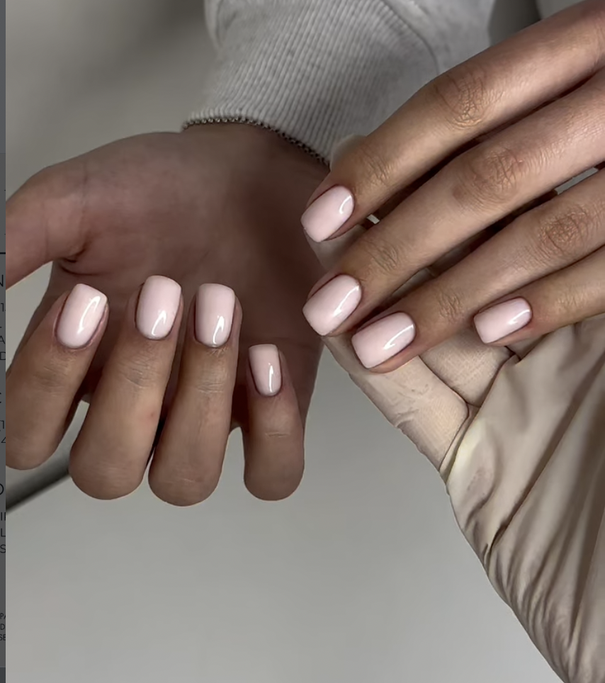 Glossy pale pink short square gel manicure