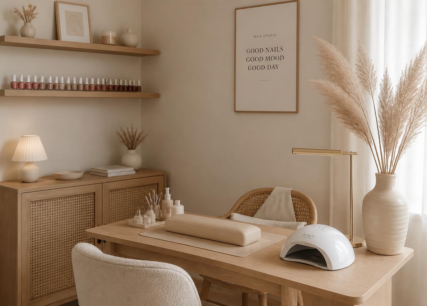 Neutral, sunlit home nail studio with a wooden manicure table